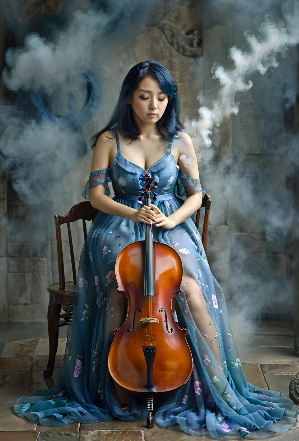 a woman, sitting, playing a cello, cello between her legs, (holding a bow)+. blue dress, dress is partly opaque. mixed race Korean-Nigerian woman, dyed blue hair, fantasy scene, smoke, mist. portrait shot, woman is playing the cello. deep in thought, calm, serene. looking down, high quality fantasy stock photo