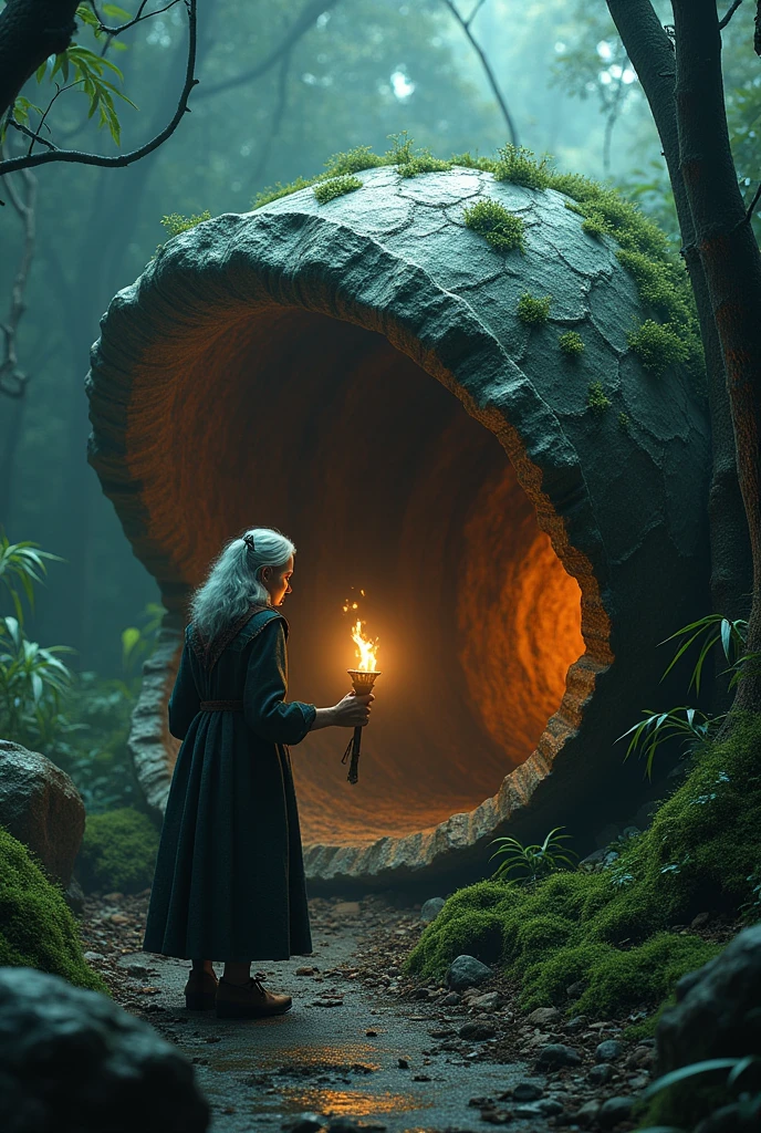 a highly detailed moss green oyster shell, giant open mouth stone cockle, in lush jungle, glowing magical interior, solo old woman walking with shocked expression, hand holding torch, horror scene, 4k, best quality, 8k, highres, masterpiece:1.2, ultra-detailed, realistic, photorealistic:1.37, HDR, UHD, studio lighting, ultra-fine painting, sharp focus, physically-based rendering, extreme detail description, professional, vivid colors, bokeh, dark, moody, cinematic, dramatic lighting