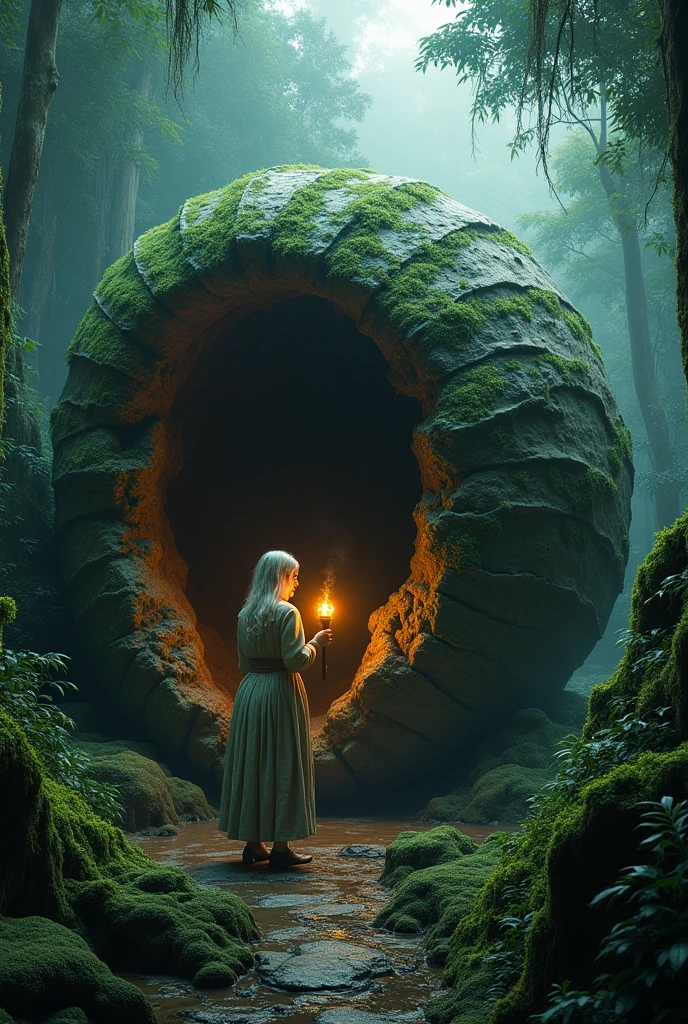 a highly detailed moss green oyster shell, giant open mouth stone cockle, in lush jungle, glowing magical interior, solo old woman walking with shocked expression, hand holding torch, horror scene, 4k, best quality, 8k, highres, masterpiece:1.2, ultra-detailed, realistic, photorealistic:1.37, HDR, UHD, studio lighting, ultra-fine painting, sharp focus, physically-based rendering, extreme detail description, professional, vivid colors, bokeh, dark, moody, cinematic, dramatic lighting
