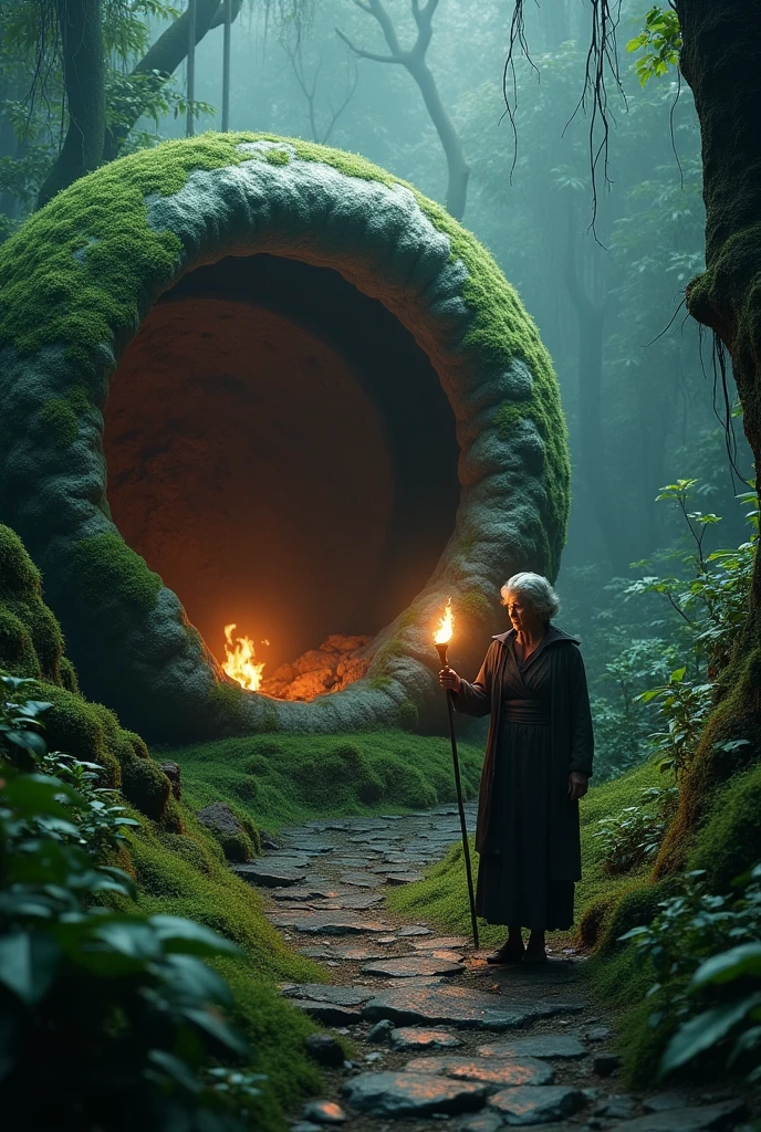 a highly detailed moss green oyster shell, giant open mouth stone cockle, in lush jungle, glowing magical interior, solo old woman walking with shocked expression, hand holding torch, horror scene, 4k, best quality, 8k, highres, masterpiece:1.2, ultra-detailed, realistic, photorealistic:1.37, HDR, UHD, studio lighting, ultra-fine painting, sharp focus, physically-based rendering, extreme detail description, professional, vivid colors, bokeh, dark, moody, cinematic, dramatic lighting