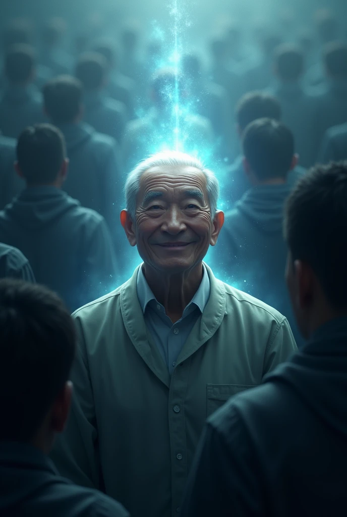 An old man has short hair, faint smile, his face shining rays radiating like crystal, smiling sweetly
he is in the middle of millions peoples surround him, those people just like a black shadow, no faces