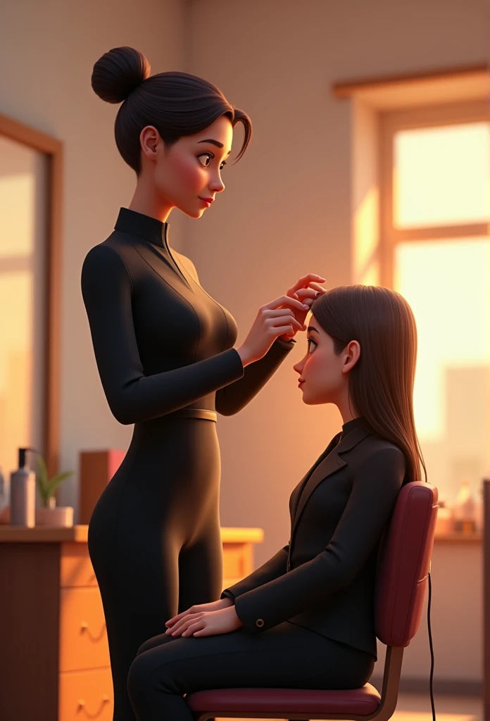 black uniform hair, straightening a client's hair disney pixar style