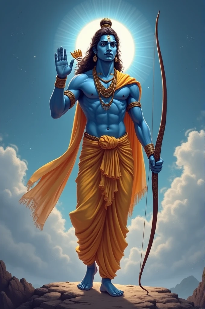 In the center of the image, Lord Rama stands tall with a serene and composed expression. He is depicted in traditional royal attire, with a dhoti and an upper garment, both in shades of saffron and gold. His blue skin glows softly, symbolizing divinity. Rama holds a bow in one hand, and his quiver, filled with arrows, is slung over his shoulder. His other hand is raised in a gesture of blessing.