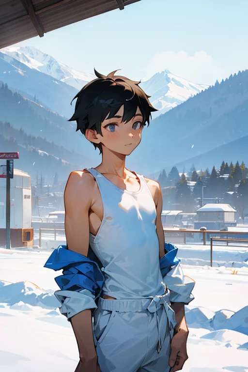 Snowy mountains in the background、An elementary school boy standing wearing a tight white racerback tank top、The sleeve opening of the tank top is wide、tall、Handsome、The navel is slightly visible、There's snow on my shoulders