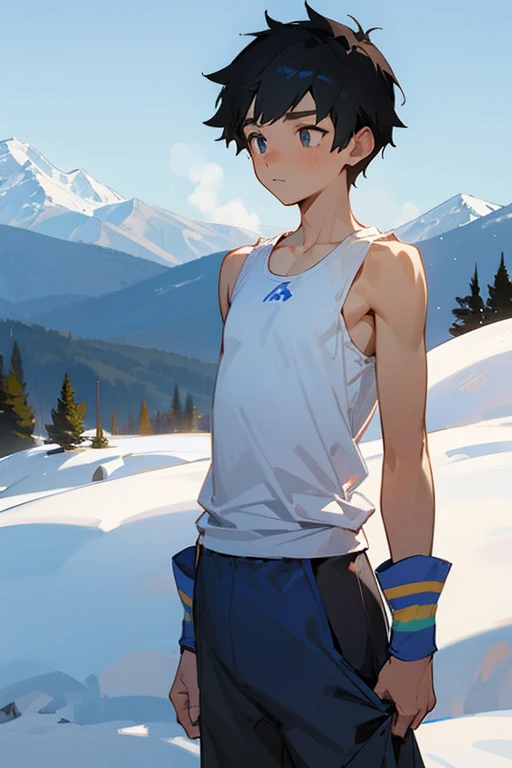 Snowy mountains in the background、An  standing wearing a tight white tank top、The sleeve opening of the tank top is wide、tall、Handsome、It&#39;s snowing