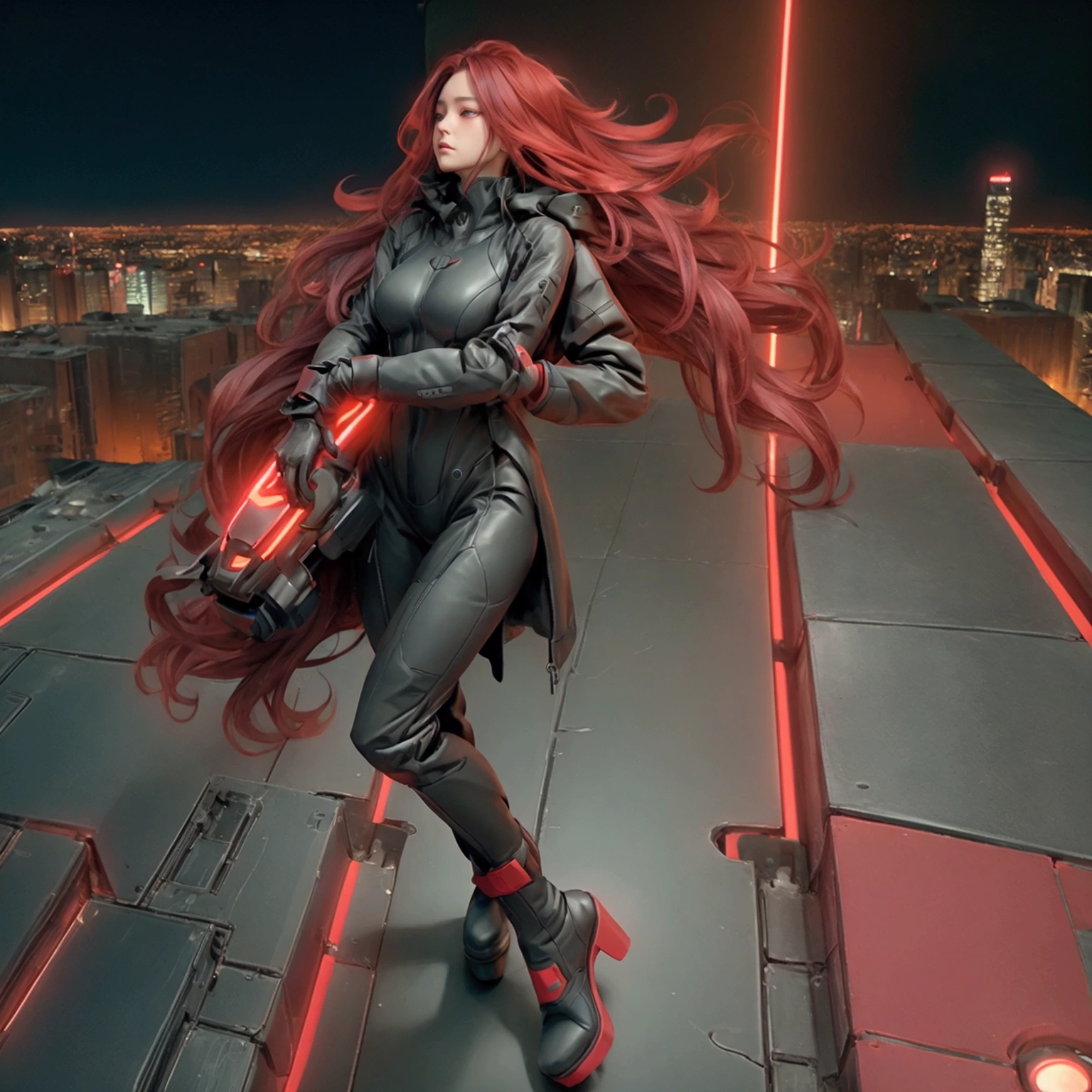 whole body、Wide-angle lens、Top View、whole body、Flying beautifully in the sky、Flying Pose、Looking up pose、Sulky face、Half Machine Body、Neck of the machine、Left arm of the machine、Left leg of the machine、Background overlooking the city、Dark City、Red Neon、Image in black and red shades、The contrast of red and black、Black clothes、Futuristic Suit、Large size raincoat、Platform boots、Realistic texture、Hair blowing in the wind、Backlight、