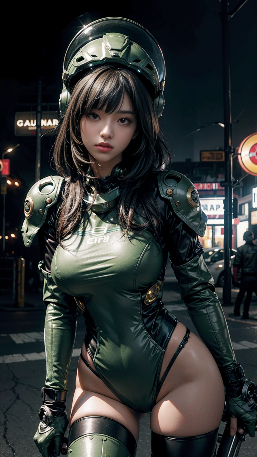 Highest image quality, outstanding details, ultra-high resolution, (realism: 1.4), the best illustration, favor details, highly condensed 1girl, with a delicate and beautiful face, dressed in a sensual black and green mecha suit, wearing a mecha helmet, holding a directional controller, riding on a motorcycle, the background is a high-tech lighting scene of the future city.