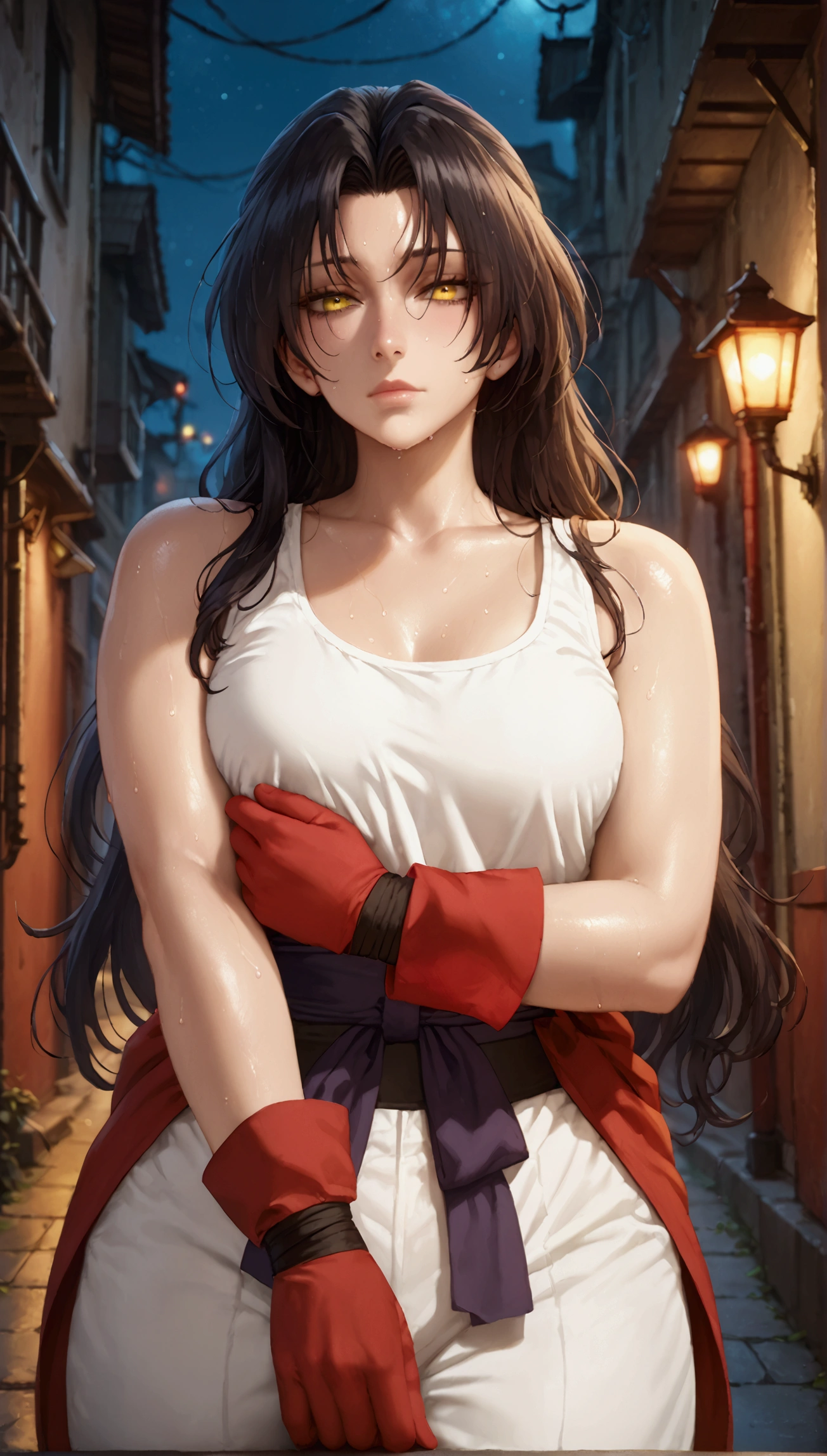 score_9, score_8_up, score_7_up, uncensored, score_9, score_8_up, score_7_up, score_6_up, uncensored, dominique de sade, long hair, black hair, parted bangs, yellow eyes, BREAK detailed eyes, beautiful eyes, assertive female, (perfect face), (perfect hands, perfect anatomy), detailed skin texture, (blush:0.5), (goosebumps:0.5), excessive sweating, sweating profusely, sweating drop BREAK, white tank top, red (samurai armor), red gloves, pants, (getting undressed), night city, neon lights, dim lighting, dark alley, looking at viewer, half-closed eyes, 