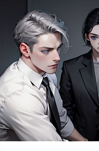 best quality, black grey hair, blue eyes, pale skin, CEO, expression in love, 31 years.