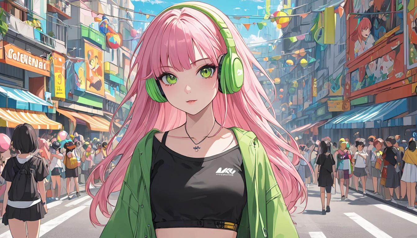 anime girl with pink hair wearing green and yellow headphones, looking at a carnival parade in rio de janeiro, anime styling 4 k, non-style artwork by guweiz, 8K anime art wallpaper, 4k anime art wallpaper, 4K anime art wallpaper, lofi portoRait, lofi girl, anime styling. 8k, melhor anime wallpaper 4k konachan, anime wallpaper 4k