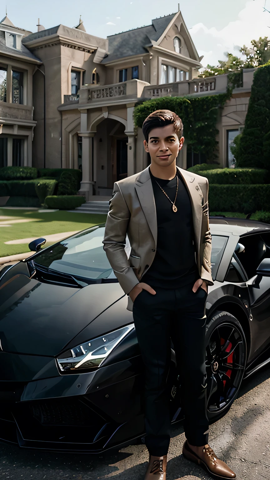 A 1 boy, wearing stylish, casual clothing, stands confidently in front of a luxurious mansion with modern architecture, holding a thick wad of cash in one hand. Behind him, a sleek Lamborghini is parked in the driveway, its polished surface reflecting the light. The setting exudes wealth and success, with the boy's expression showing a mix of pride and youthful exuberance, while the background features the opulence of the grand house and the high-end sports car. The overall atmosphere suggests a life of luxury and affluence, captured in a moment of triumph.