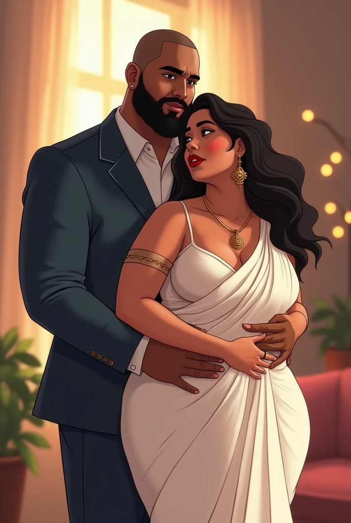  a mature narcissist indian pale color man with a beard , dressed in a suit, standing behind a woman who is wearing a revealing white saree and blouse, medium obese ,voluptuous  and looks sexy .The woman leans on his chest and hugging him while the man, with a mature and confident expression, gently embraces her from behind. The man’s appearance is distinctly mature, avoiding any childish or boyish traits. The scene captures an intimate, warm moment with soft lighting and pastel tones. The background is softly blurred, emphasizing the cozy and romantic atmosphere with a realistic . The man should have fully buzz  cut short hair . Make it cartoon 