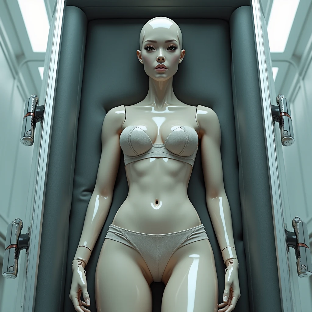 A sex-service android packed in a giant duralumin case、Wearing default shorts and crop top、buffer material、attachment、Expressionless、Skin texture is the same as human、Beautiful, detailed face and eyes that men will love、Beautifully detailed mouth 、Beautifully detailed décolletage、Beautifully detailed large breasts、Beautifully detailed cinched waist、Beautifully detailed navel、Beautifully detailed thighs
