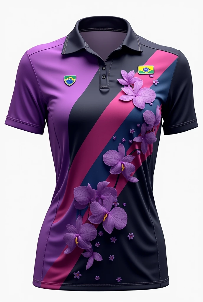 Women&#39;s sports shirt with purple colors, lilac and black fused.
Vom a small shield with the flag of Venezuela and Brazil merged.
And an orchid flower 