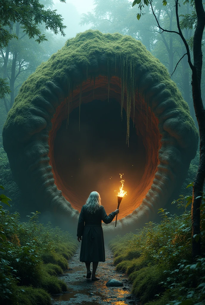 a highly detailed moss green oyster shell, giant open mouth stone cockle, in lush jungle, glowing magical interior, solo old woman walking with shocked expression, hand holding torch, horror scene, 4k, best quality, 8k, highres, masterpiece:1.2, ultra-detailed, realistic, photorealistic:1.37, HDR, UHD, studio lighting, ultra-fine painting, sharp focus, physically-based rendering, extreme detail description, professional, vivid colors, bokeh, dark, moody, cinematic, dramatic lighting. very nightmare