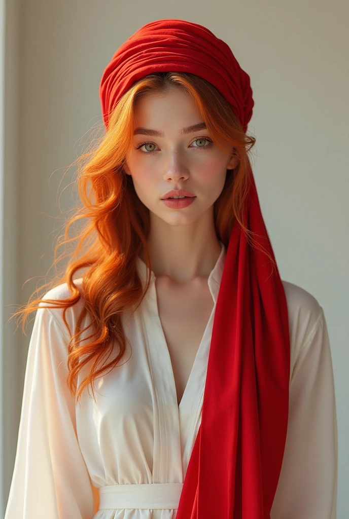 Beautiful girl with pure red color hair and tie red scarf on head and wear whote pakistani dress


