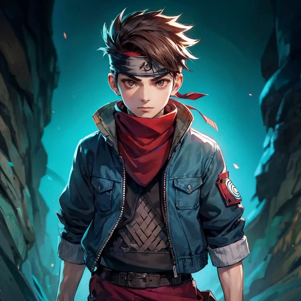 A young ninja with a konoha bandana around his neck, wearing a jeans jacket and dark red pants. He has short brown hair and brown eyes. Use top trending references from DeviantArt and ArtStation for comics, anime, and ninja animations. The background is dark with rock shadows and turquoise backlighting.