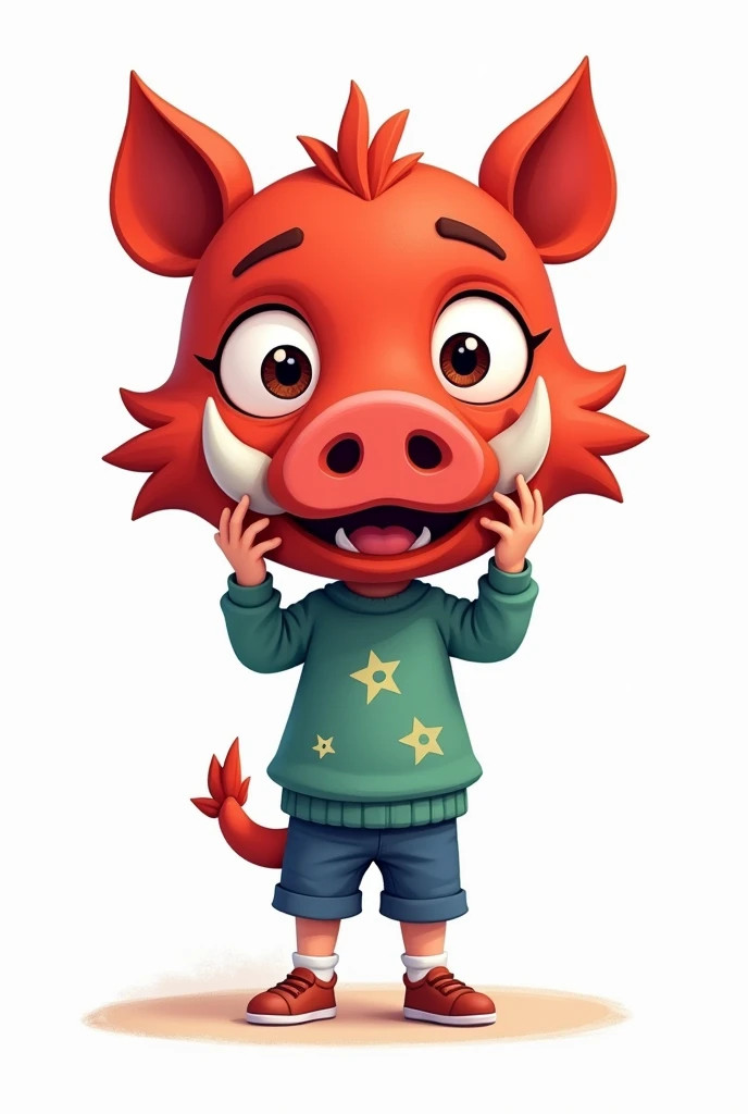 ??? holding a cool red wild boar mask, cartoon, white background
