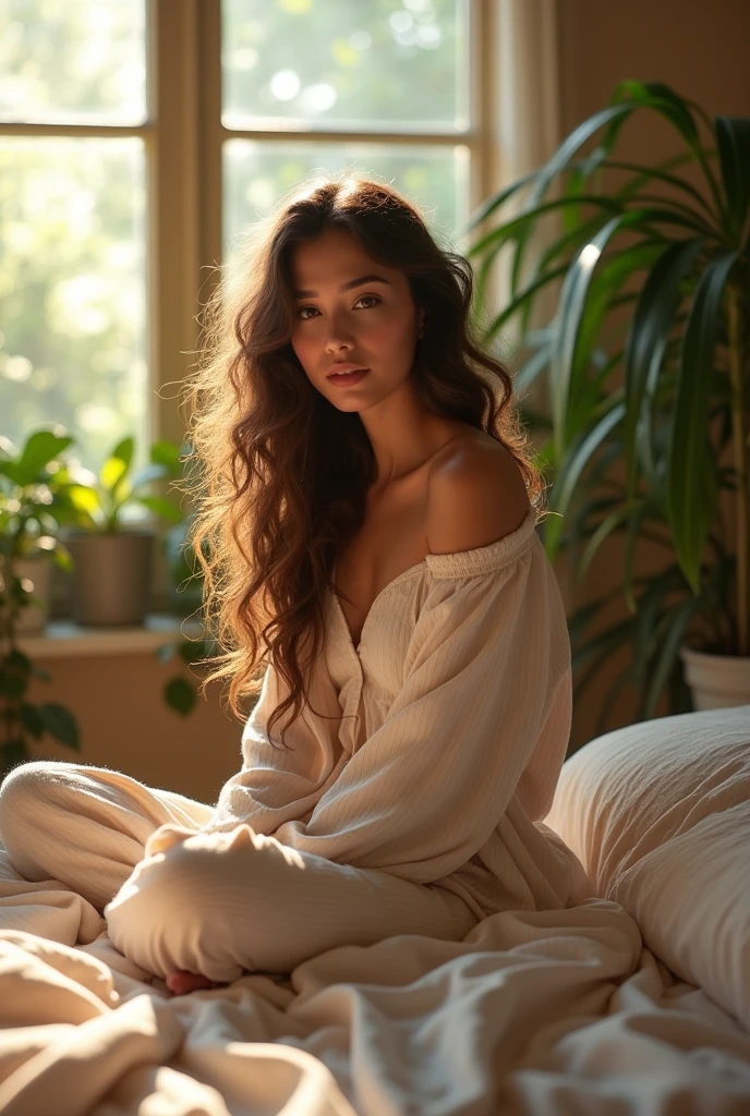 (photorealism:1.2), beautiful woman, sitting on bed, wearing loose off-shoulder top, pajama pants, long curly hair, indoors, soft lighting, plants in background, window with sunlight, cozy room, relaxed pose, realistic, intricate details, warm colors, by Greg Rutkowski, by Alphonse Mucha