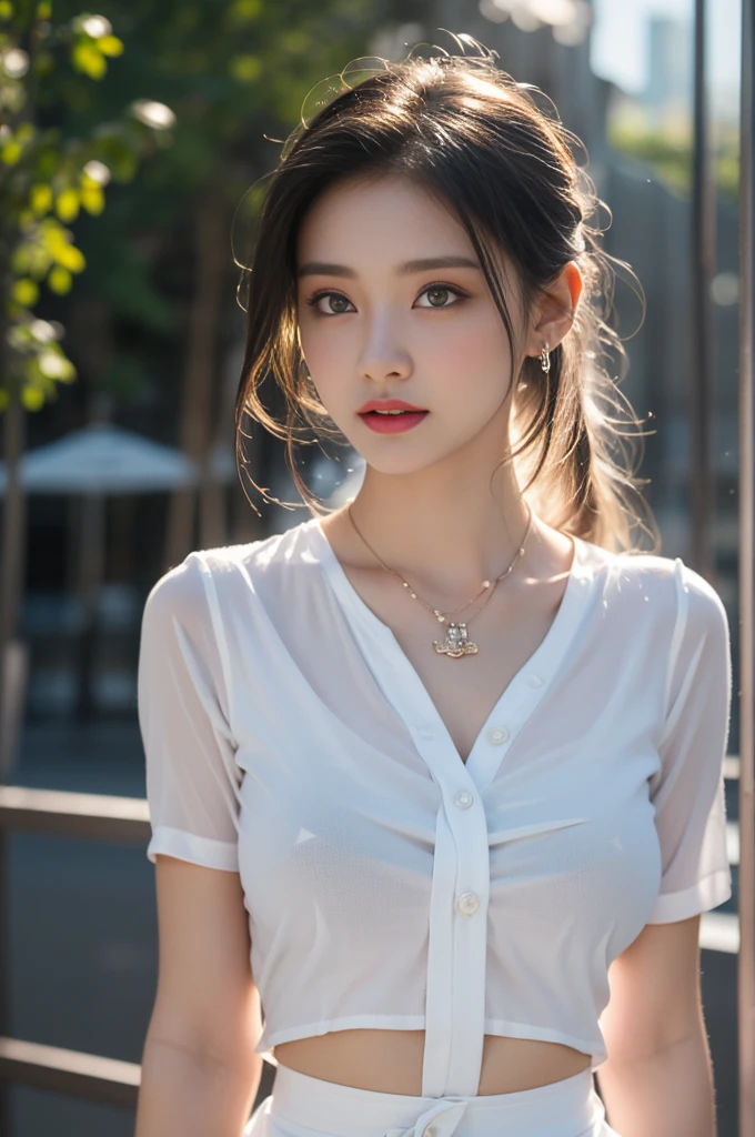 1 beautiful girl in Hanfu, ((very thin and soft white silk shirt)), platinum purple long ponytail, Jewelry, ear jewelry, necklace and necklace, carefully painted purple big eyes, carefully made up, thin eyebrows, high nose, beautiful red lips, no smile, pursed lips, rosy cheeks, wide chest, big breasts, well-proportioned breasts, slim waist, well-proportioned buttocks, black fishnet stockings, Chinese Hanfu style, fictional art pattern, full of bright and realistic colors, RAW photo, realistic photo, 8k ultra-high quality surreal photo, (magic light effect effect: 1.8), 10x pixels, magic effect (Background): 1.8), super detailed eyes, full body portrait of the girl, standing in the rain, wet clothes hugging the body, revealing beautiful curves, dynamic posture, 1 Girl, Beautiful, Baby Face, 20 Years Old, White Skin, Pose, Big Breast, (The Front of The Blouse is Open:1.3), Grey Eye, Muscles:1.3, Outdoor, Bokeh:1.1, Drill Hair, Tied Hair, ((Coloured Hair)), Open Mouth