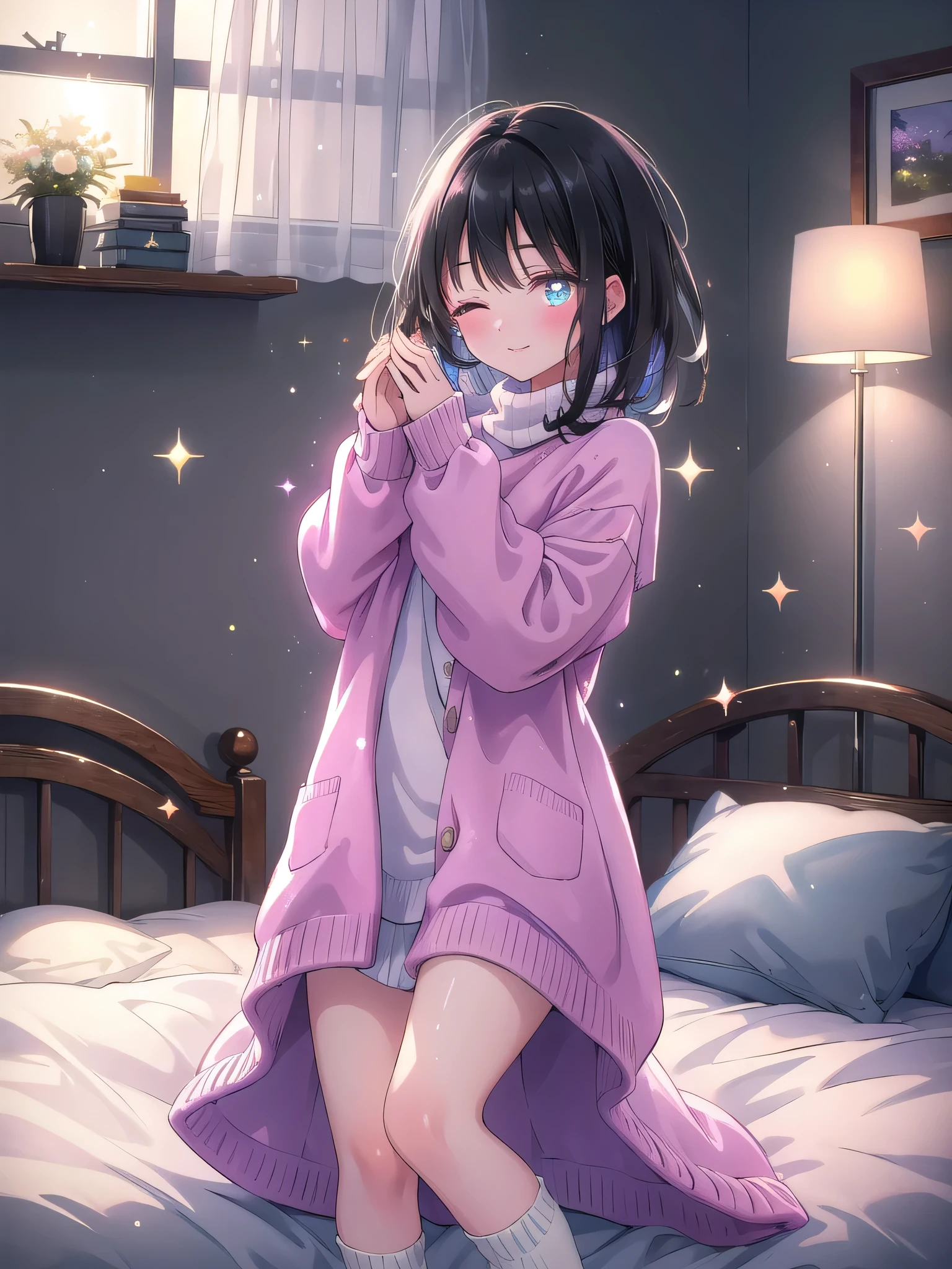 ((8k, Highest quality, masterpiece: 1.3)),Ultra-high resolution,(1 girl, alone), (Color changing eyes, Ultra-detailed, Expressive brilliance, Glitter, Glowing Eyes), Highly detailed eyes, Highly detailed face, Random Hair, ((pastel colour)) The woman, with shoulder-length black hair, is standing by the bed, stretching after waking up. She’s wearing a soft, oversized sweater that falls just above her knees, with a pair of cozy socks. Her expression is relaxed, with her eyes closed and a small, peaceful smile on her lips as she enjoys the stretch. The bedroom is bathed in soft morning light, with the bed neatly made and a gentle breeze coming through the window, adding to the fresh, serene morning atmosphere.
