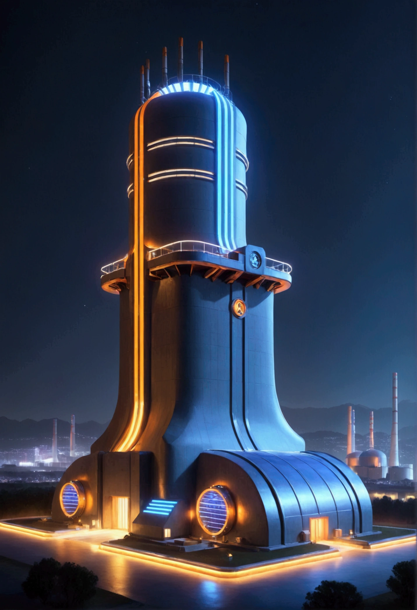 Mechanical nuclear power plant, Cooling Tower, Special symbols，blue and orange， Neon lights标志, Neon lights, Aerial View ,Art Deco Design，streamline moderne，Futuristic architecture, abstract，modern style，Night view， Futuristic decorative elements，Metal，Number Line，sci-fi lamp，Unreal Engine，Unreal Rendering,