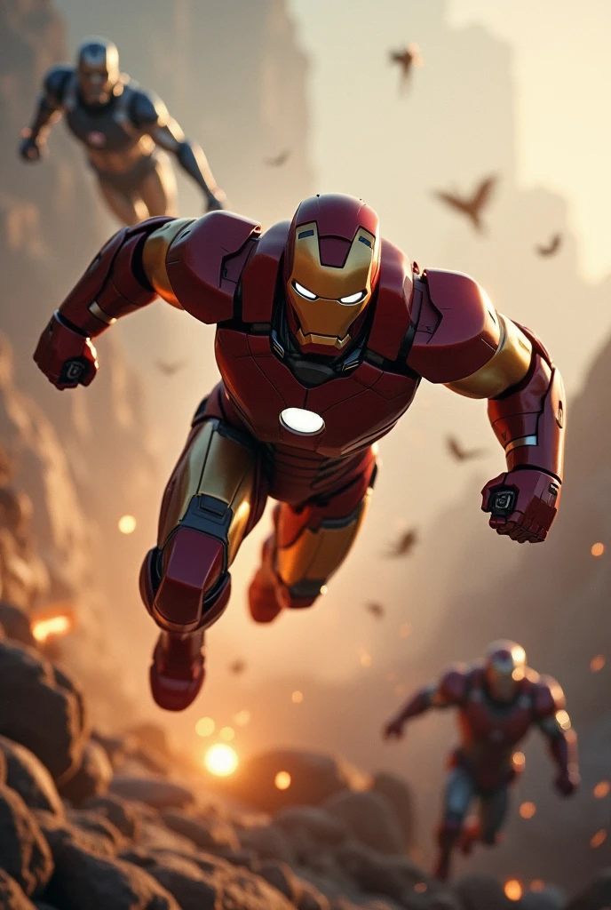 Iron man in front flying, while titans are cchaseing hime from behind.