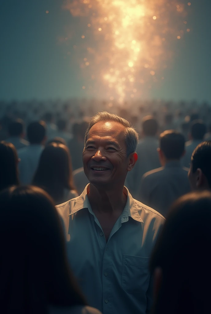 A mature man has short hair, faint smile, his face shining rays radiating like crystal, smiling sweetly

 he is in the middle of millions peoples surround him, those people just like a black shadow, no faces