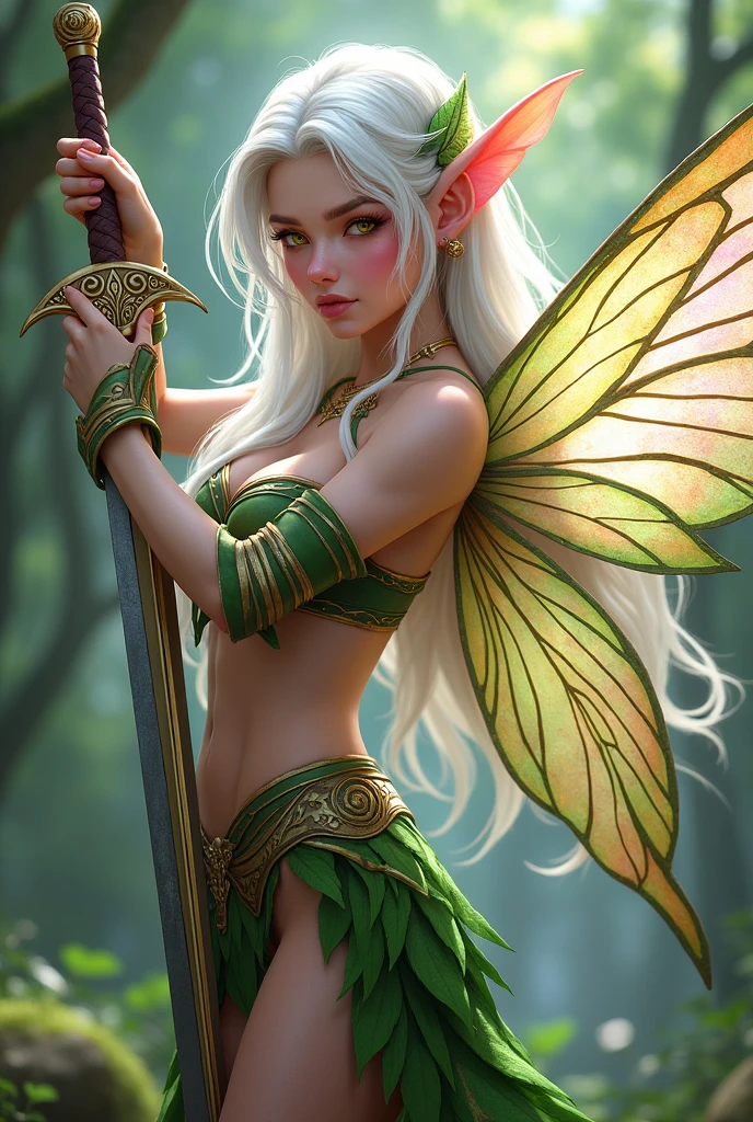 Create a pink skinned fairy character, white hair, wearing leaf armor, holding a long sword and having yellow eyes.