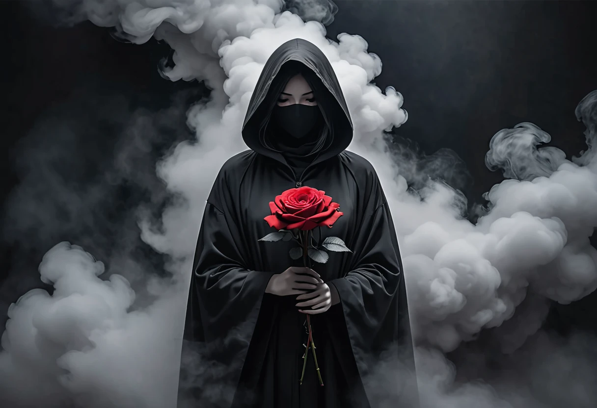 The image depicts a person cloaked in a dark, hooded garment. They are holding a red rose, prominently displayed against the dark background. The atmosphere of the image is mysterious and somewhat eerie, enhanced by the presence of what appears to be smoke or mist in the background. The overall color scheme is dominated by shades of black and gray.