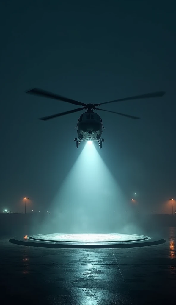 A hellicopter is landing on the helipad(capital H) and only single light is focused from the hellicopter's bottom side on the helipad (capital H)at the night and also it must clearly seen from the top