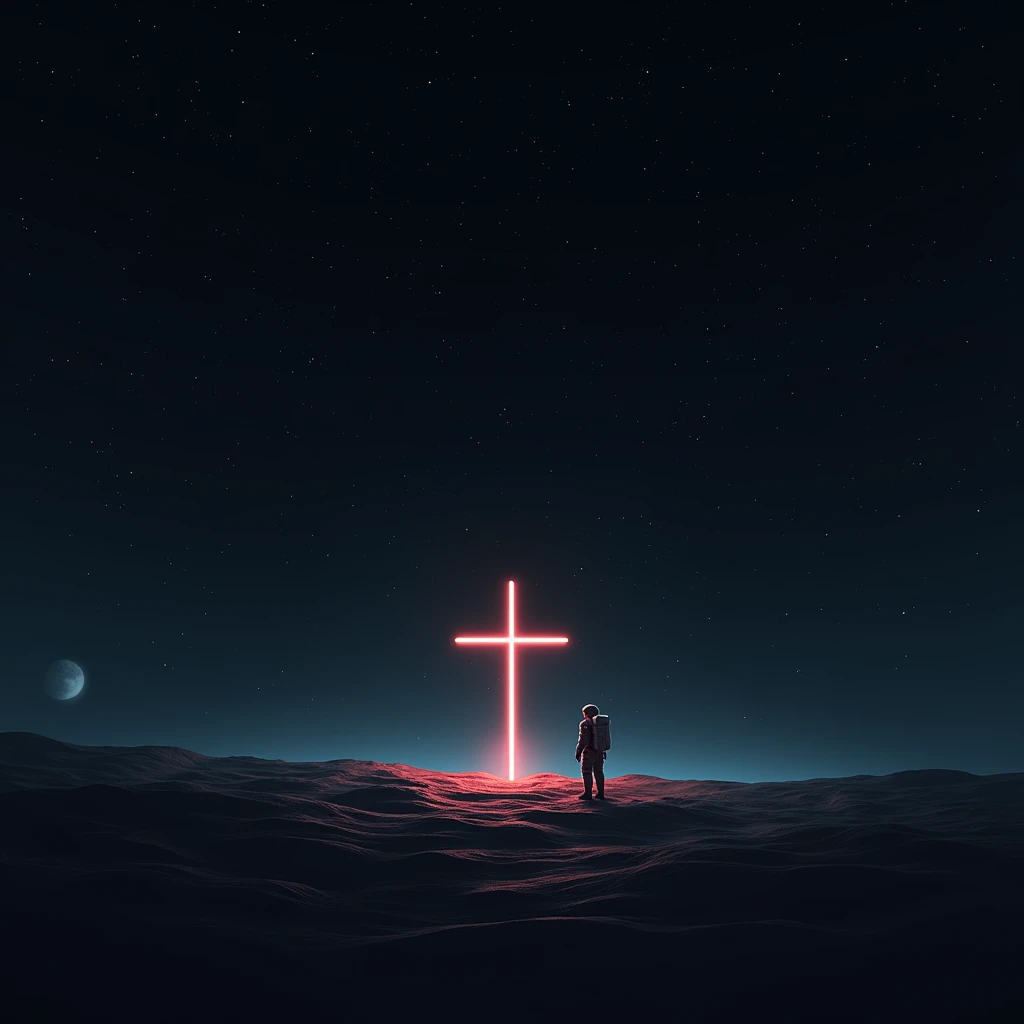 The Cross ,a small blood mark, outer space , constellations, stars , planets , an astronaut