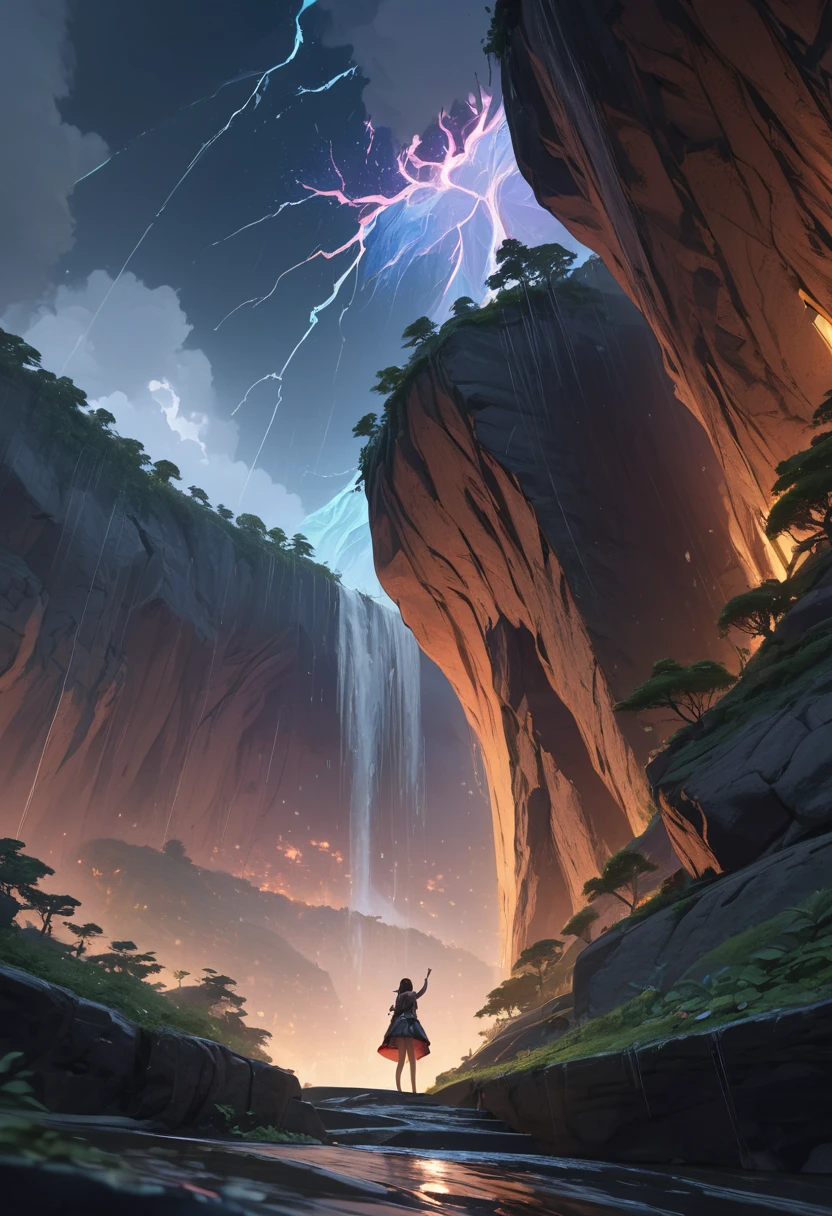 1girl, on the edge of a cliff, big tree beside her, view from below, hand raised, rainstorm, night, everything is shining, abstract, accurate, 8k, masterpiece, detailed