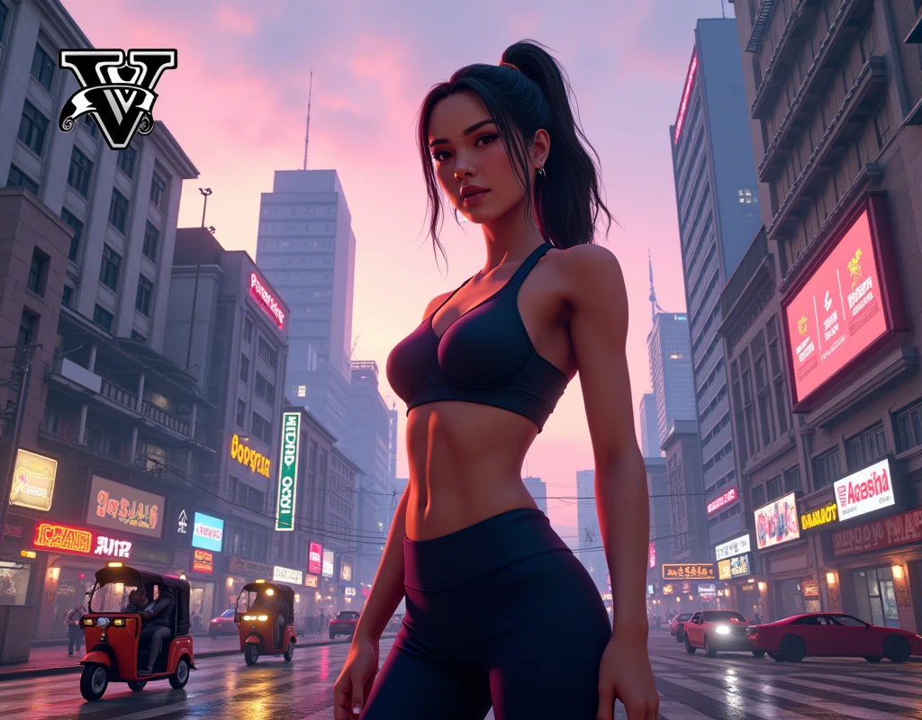 Full hd image of gta v game loading screen of a thai woman in a workout outfit, Bangkok as the background, with the gta v logo and the text "(gta v bangkok city)"