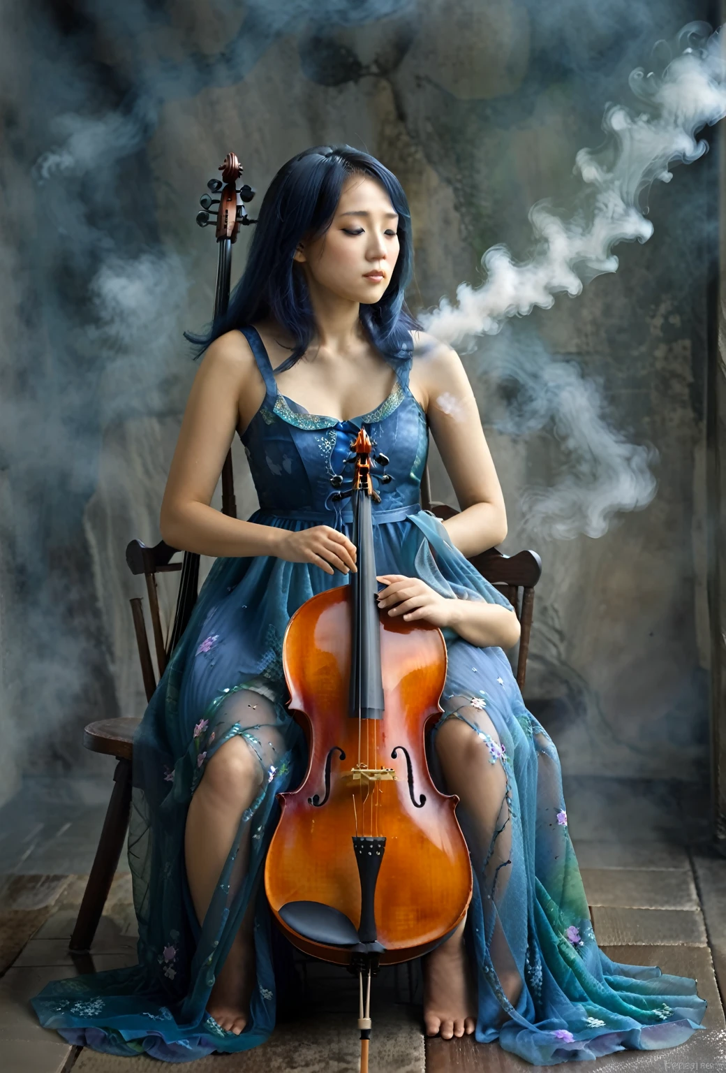 a woman, sitting, playing a cello, cello between her legs, (holding a bow)+. blue dress, dress is partly opaque. mixed race Korean-Nigerian woman, dyed blue hair, aged 27, fantasy scene, smoke, mist. portrait shot, woman is playing the cello. deep in thought, calm, serene. looking down, high quality fantasy stock photo