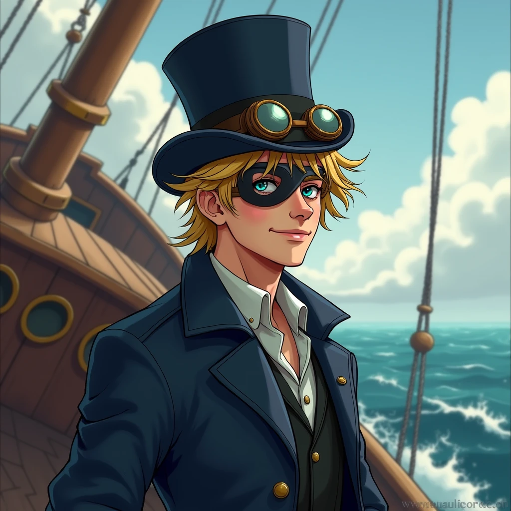 White male、(((2)))、Beautiful young man、smile、Blonde Hair、semi-long、Unshaven、Are thin、Old burn scar around left eye、Top hat and goggles、Navy outfit、Jacket、On the boat