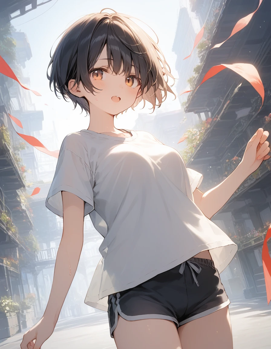 score_9, score_8_up, score_7_up, source_anime, best quality, masterpiece, official art, absurdres, highres, ultra-detailed,waifu2x,Collection: Slice of Life,break,1girl, short hair, pixie cut, flipped hair, breasts, beautiful (well-shaped) breasts,beautiful detailed eyes, sweat, gym shorts, (wavy mouth:0.3), open mouth, outdoors, (Detailed Lighting), (Detailed background),break,(clear line illustration:1.2), super detailed skin,very high resolution, very aesthetic, Best sexual lighting powered by famous artist, 8k, 16k, cute picture,beauty illustration,photoshop_(medium),,(Detailed Lighting),best anime 8k konachan wallpaper, pixiv contest winner,