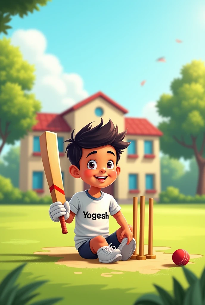 1 boy sit on the school and enjoy cricket his name is yogesh write the t shirt 2d cartoon