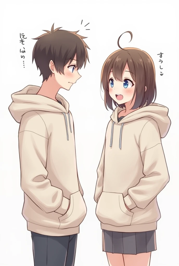 Two people talking, one boy and one girl, Both of them are wearing kangaroo-type sweatshirts., Girl with blue eyes and bangs, Hair is medium length and below the shoulders, is tall、I have medium-length brown hair, Brown eyes, Please sketch it., thank you