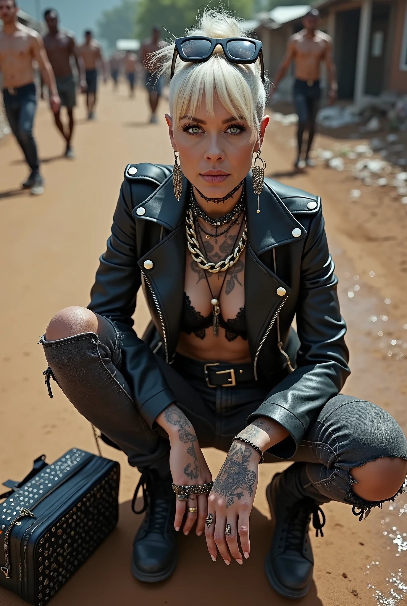 Anglosaxon old milf woman, , blonde platinum hair (pouf, shaved sides and top bun), with very light green eyes, extremely pale.  .Wearing oversized square black maxisunglasses as headband. Wearing studded cropped black moto jacket (verical zippers on the sides,skull badges on sleeves). Black lace push up bra, skinny dark grey jeans with worn and dirty knees. White tennis sneakers, dirty. Lots of thick wide studded  bracelets, chain collars and pendants and big rings. Tacky wide studded leather belt, with big round skull and bones buckle. Long earrings with chains. Squatting,  looking at the photographer. Craving heavily. Hands on knees. Waste and trash all over the floor. Her studded leather bag, thron away. Looking at the camera, chin up. Toned abdominals, thin neck, slim legs and thin arms. Neck, chest and belly completely tattoed. Dirt road of Nairobi after the rain,  puddles on the ground,crowded with muscular shirtless men in jeans, street full of puddles and garbage. Her studded black leather bag is a few metres behind her. Sunny day