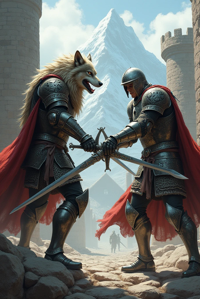 Medieval warrior wearing armor with wolf design and swords facing each other Medieval warrior wearing armor with dragon design and swords