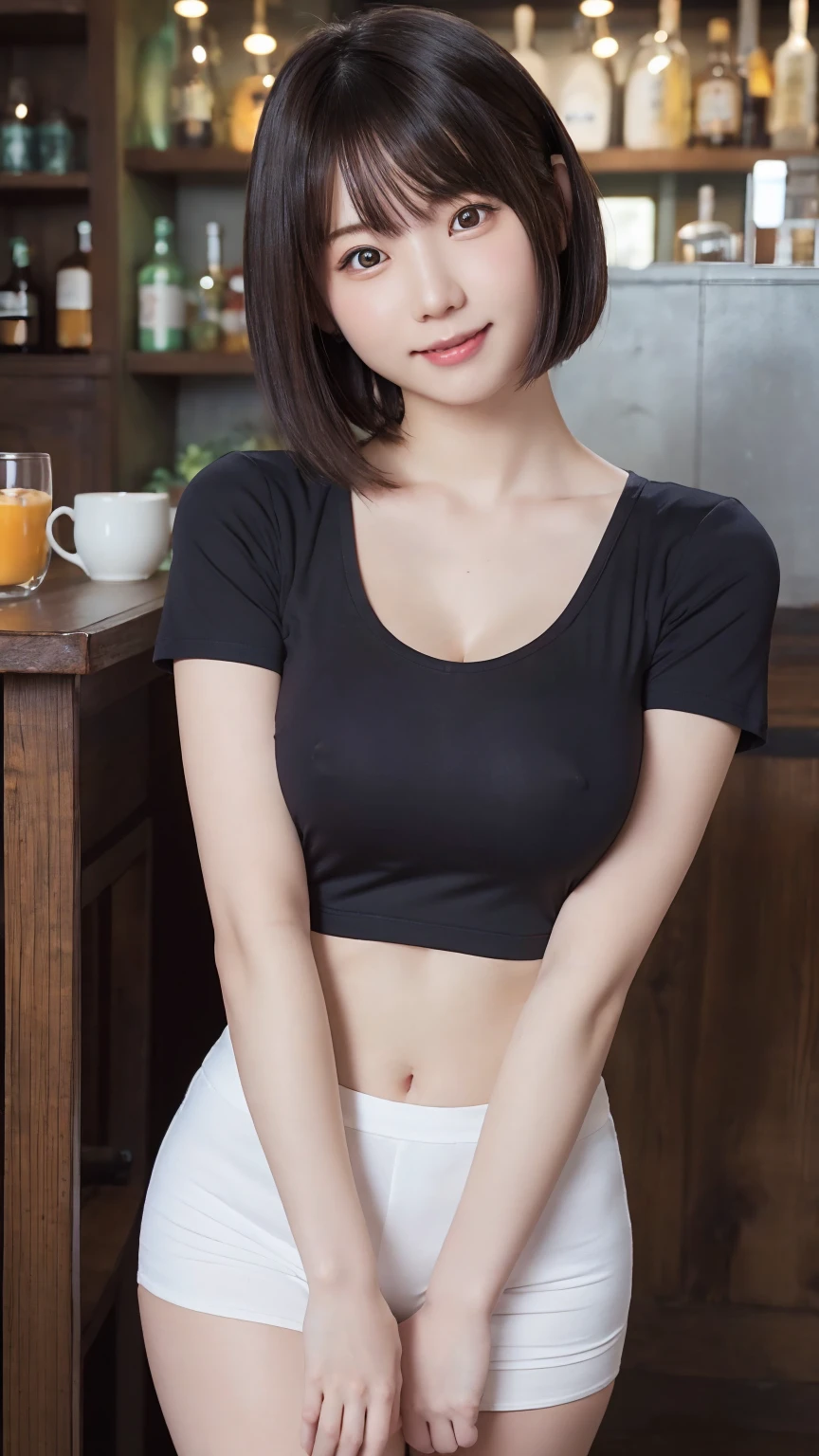 One beautiful girl, (Japanese beautiful girl, Delicate:1.3), (1:1.3),
break, (bar background:1.2),
break, Shy laugh, Very beautiful eyes, (Symmetrical eyes:1.3),
break, (E cup breasts:1.3), Cropped Logo T-shirt:1.3, Micro Mini Hot Pants:1.3, Beautiful legs, Thighs, Brown eyes, Parted bangs, Brown bob cut hair, Round face, cute,
break, (Eye and facial details:1.0),
break, (masterpiece, Highest quality, Very detailed, Detailed face, 8k)