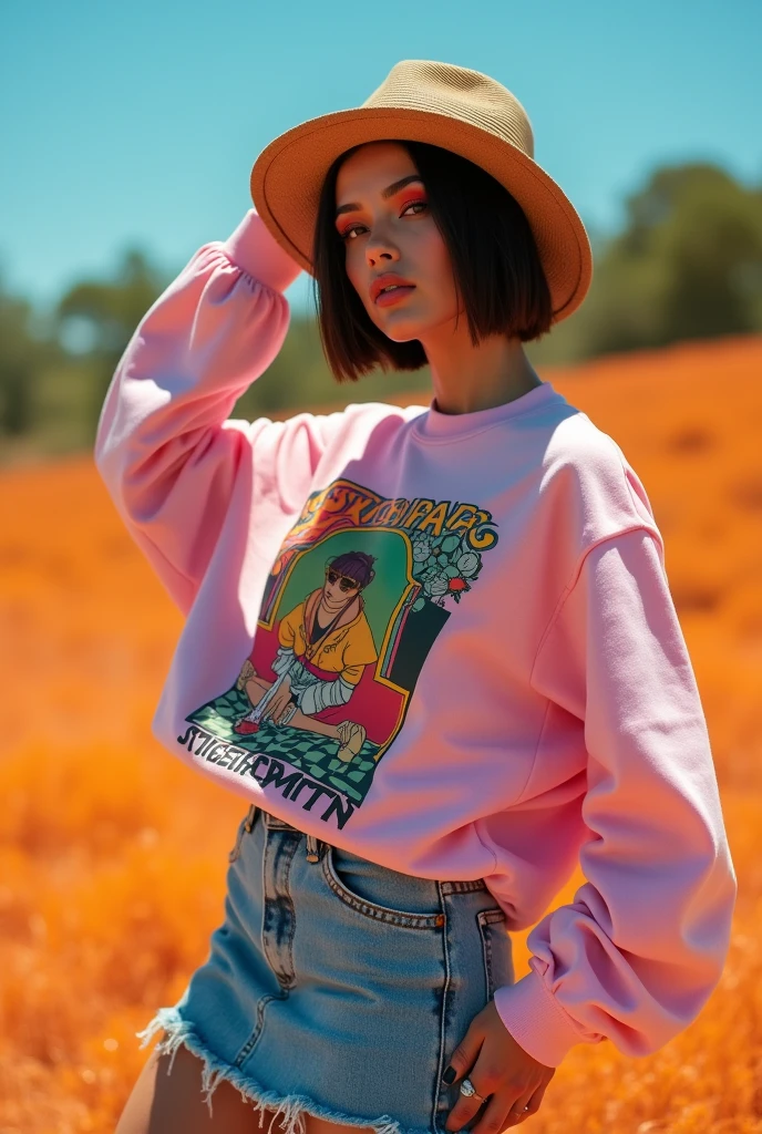 a supermodel posing outside on a sunny day, half body shot, wearing a cool 90s outfit, high fashion makeup, contemporary short haircut, 90s hairband, oversized print sweatshirt, washed denim skirt, knit hat, high end fashion editorial vibe, acid pink, acid blue, acid yellow, acid green, acid lavender