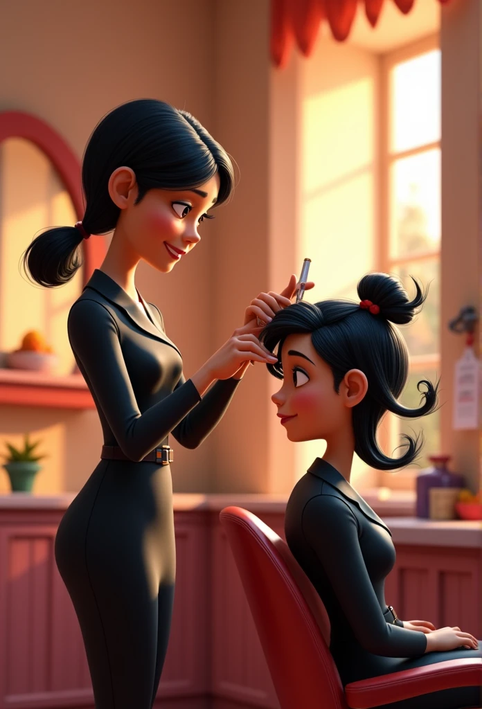 happy black uniform hair, treating a client&#39;s hair disney pixar style