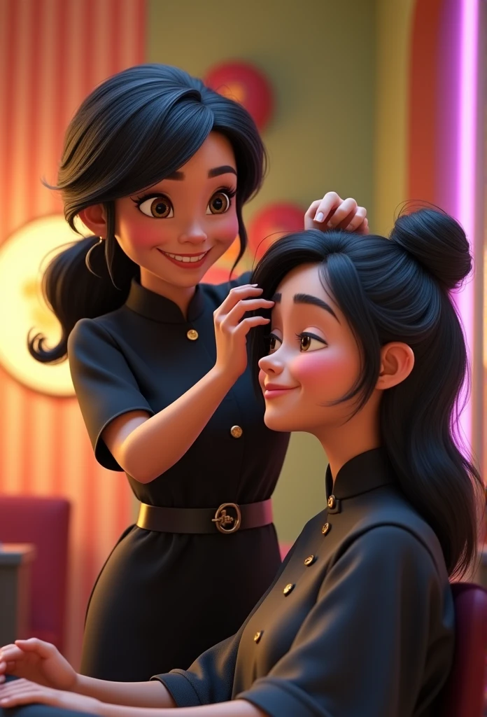 happy black uniform hair, treating a client's hair disney pixar style