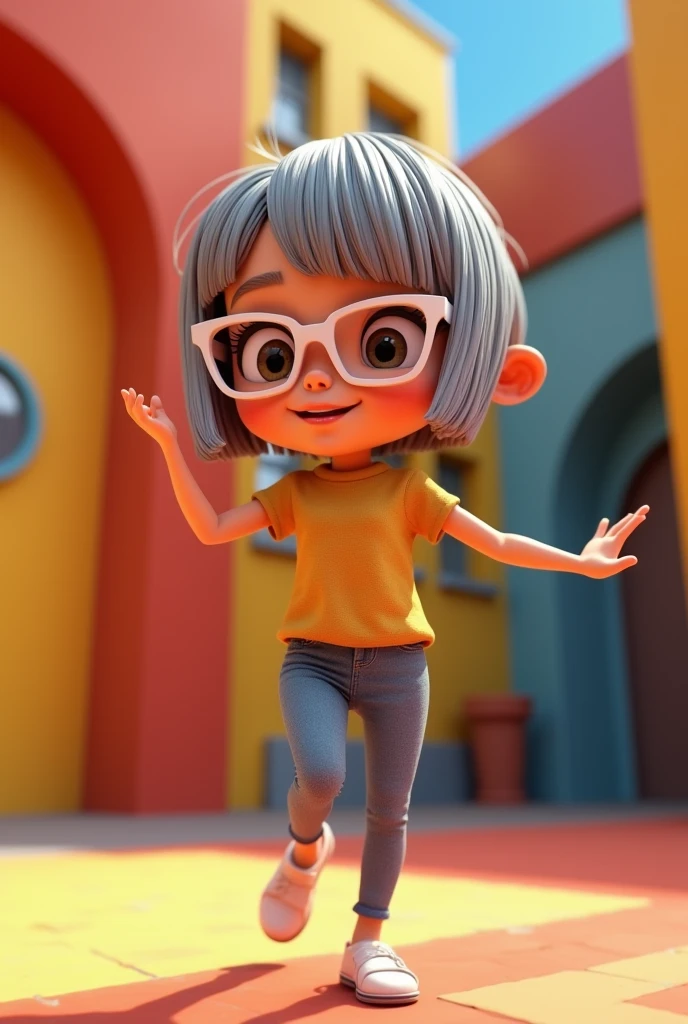 Pixar style image with 3D character white glasses brunette woman very short straight gray hair dancing