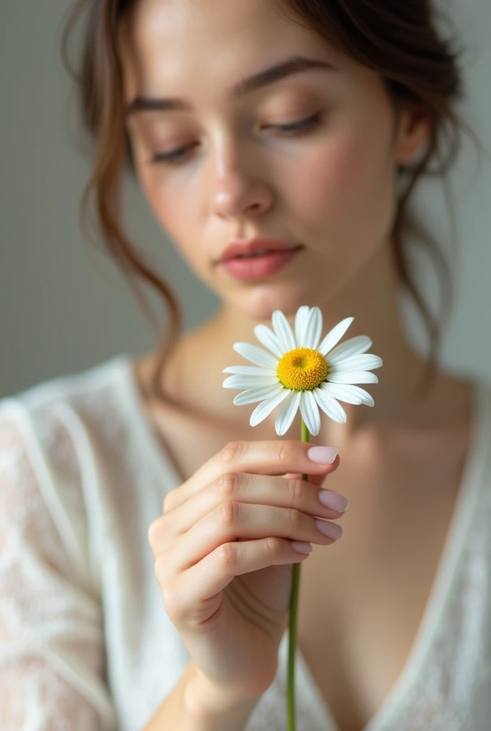 One image of a woman's handpulling petals of a flower, she's pulling the third petal of a 12 petals white daisy and another image where the same person is pulling the fourth petal
