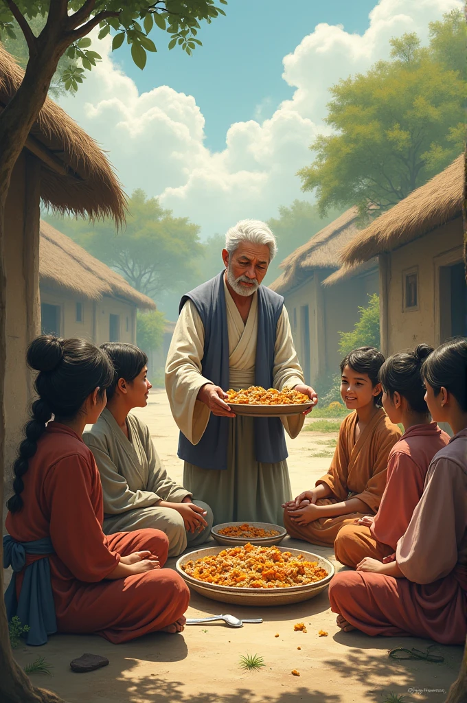 In a villege 100 of people sitting for food and 1 person giving food