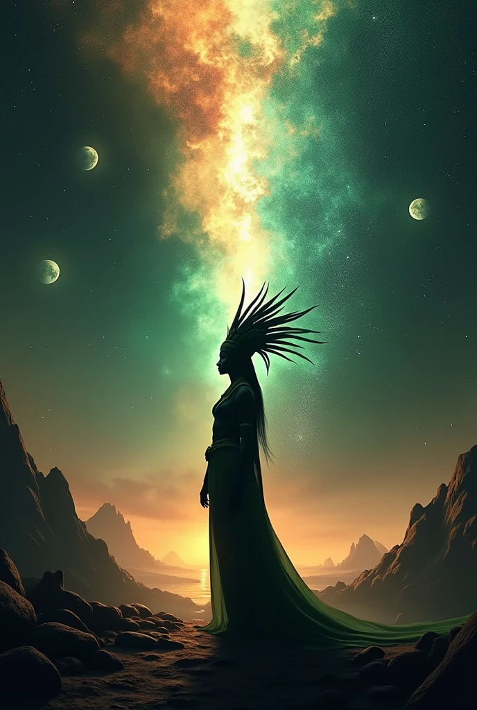 Design a scene showcasing the separation of the sky and earth with black silhouettes of Shu, who has dark brown skin, green eyes, and a feathered headdress. The background should show a cosmic divide with dark, contrasting skies and earth elements. Use an Egyptian aesthetic with subtle, detailed gradients and atmospheric effects to highlight the separation. Use masterpiece, best quality, CG, wallpaper, HDR, high quality, ultra detailed, cinematic, high detail, 8k, raw, high, artstation HQ, unreal engine, octane renderer, 4k resolution, hyperrealistic, and highly detailed settings
