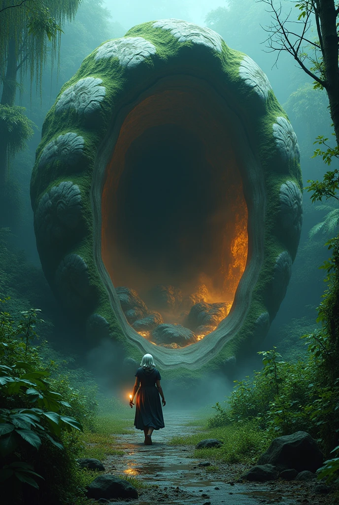 a highly detailed moss green oyster shell, giant open mouth stone cockle, in lush jungle, glowing magical interior, solo old woman walking with shocked expression, hand holding torch, horror scene, 4k, best quality, 8k, highres, masterpiece:1.2, ultra-detailed, realistic, photorealistic:1.37, HDR, UHD, studio lighting, ultra-fine painting, sharp focus, physically-based rendering, extreme detail description, professional, vivid colors, bokeh, dark, moody, cinematic, dramatic lighting. very nightmare. old lady cover head